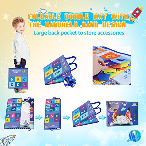 WisToyz Doodle Mat Spaceship Cognitive Letters Aqua Mat Waterproof Play Mat for Kids 40 X 32 Inches Doodle Drawing Mat with Squeeze Toys Educational Toys for Kids Toddlers Boys Girls Age 3-Year and Up