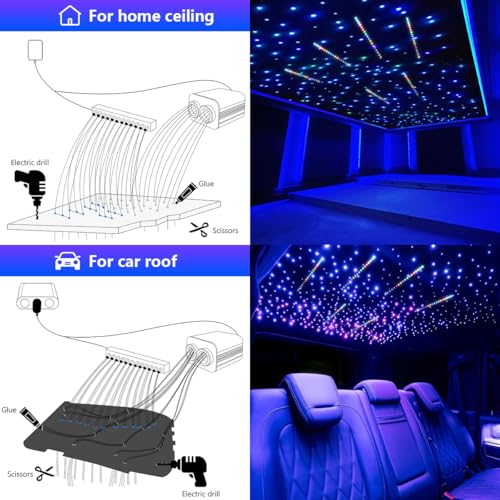 Image of AMKI Dual Color 20W Twinkle Starlight Headliner Kit 800pcs*0.03in 13.1ft Cables+ RGB Meteor Shooting Star Fiber Optic Light Sound Activated APP /Remote Control for Car Roof Home Ceiling