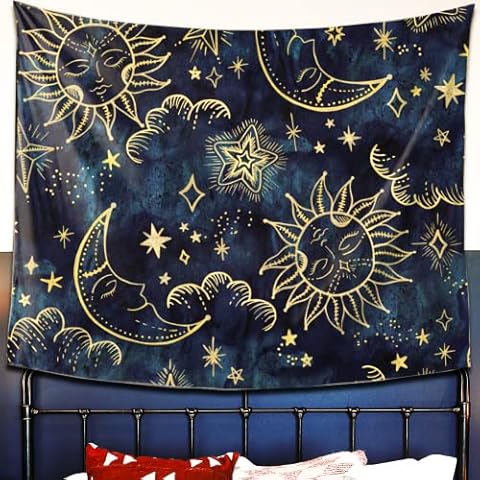Colorful Hippie Vintage Aesthetic Abstract Tarot sun and moon Tapestry Boho Mandala Decor Wall Art Hanging for Bedroom Living Room Dorm Home Décor (Blue,60*80) Cover
