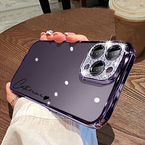 Carcasa de iPhone 14 personalizada con nombre morado y protector de cámara brillante para regalo