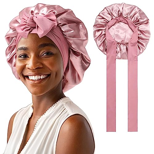 GUGUGO Seidenhaube zum Schlafen, Silk Bonnet, Verstellbare Seidenhaube, Schlafhaube Seide, Schlafmütze Damen, Satin Haube, Satin Haube Schlafen, Silk Sleeping Cap, Seidenhaube zum Schlafen Locken,Rosa