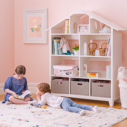 Martha Stewart Living and Learning Kids' Dollhouse Bookcase - Creamy White: Wooden Organizer Shelves with Storage Bins for Books, Dolls, Toys, School Supplies â€“ Bookshelf for Bedroom or Playroom