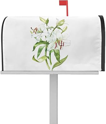 Magnetic Mailbox Cover Modern Art Elegant Floral White Lily Green Leaves Standard Size Removable Post Letter Box Cover Waterproof Garden Yard Outdoor Decoration