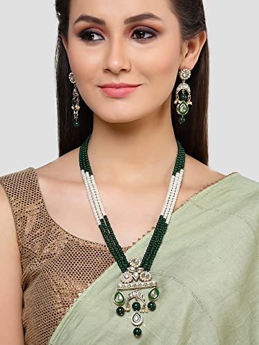 Image of Karatcart Red & Green Beaded Long Kundan Rani Haar Necklace Set for Women