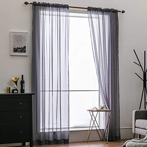 MIULEE 2 Panels Solid Color Sheer Window Curtains Smooth Elegant Window Voile Panels/Drapes/Treatment for Bedroom Living Room Dark Gray 55''W x 57''L - Image 2