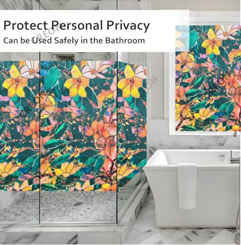 Image of CREON Frosted Privacy Window (24 X 250 Inch) Film with Flower Pattren & Stained Glass Design, Adhesive-Free for Home, Bathroom & Office