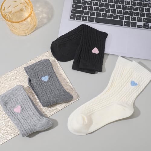 Jspupifip 4 Pairs Novelty Cute Crew Socks for Women Cozy Cotton Socks with Embroidery Heart Pattern for Everyday Casual Wear4