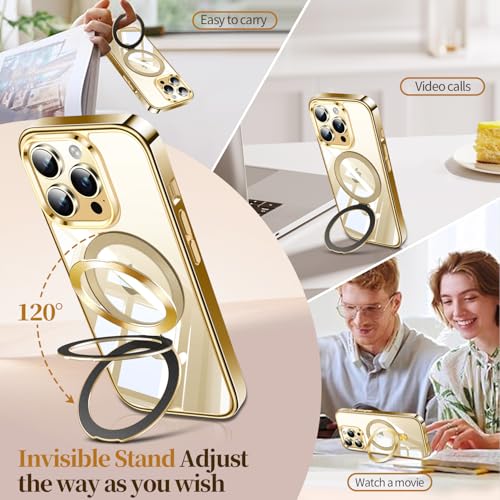 Image of ESTPEAK Titanium Gold CD Mag-Stand Case for iPhone 13 Pro Case with Invisible Magnetic Ring, [Fit for MagSafe] [Never Yellowing] Top Clear Phone Case Cover for iPhone 13 Pro 6.1 inch Men Women