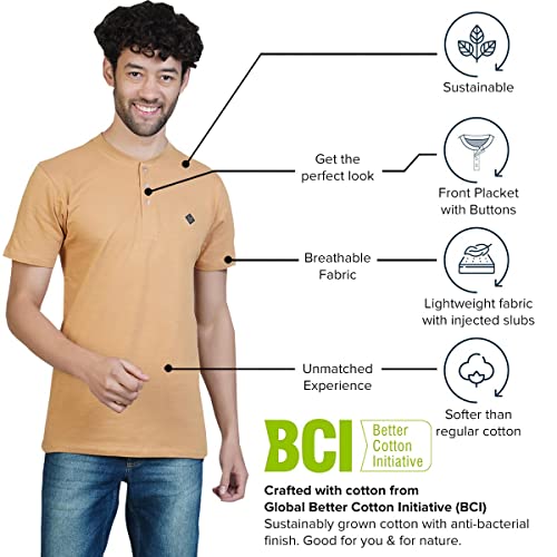 Image of ALMO Henley Tshirts for Men Stylish Fresco 100% BCI Cotton Slub Anti-Bacterial Regular Fit Neck Solid T-Shirts (Pack of 2)