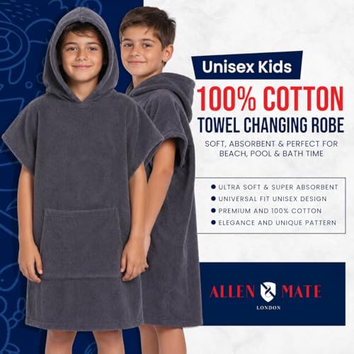 Image of ALLEN & MATE 100% Cotton Kids Hooded Surf Poncho Changing Robe, Quick Absorbent Wearable Swim Towel Boys & Girls, 6-13 Years