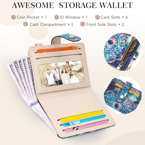 APHISON Women RFID Slim Bifold Wallet, Card Holder with Zipper Coin Purse, Ultra-Thin Compact Wallet with ID Window Minimalist Sky3