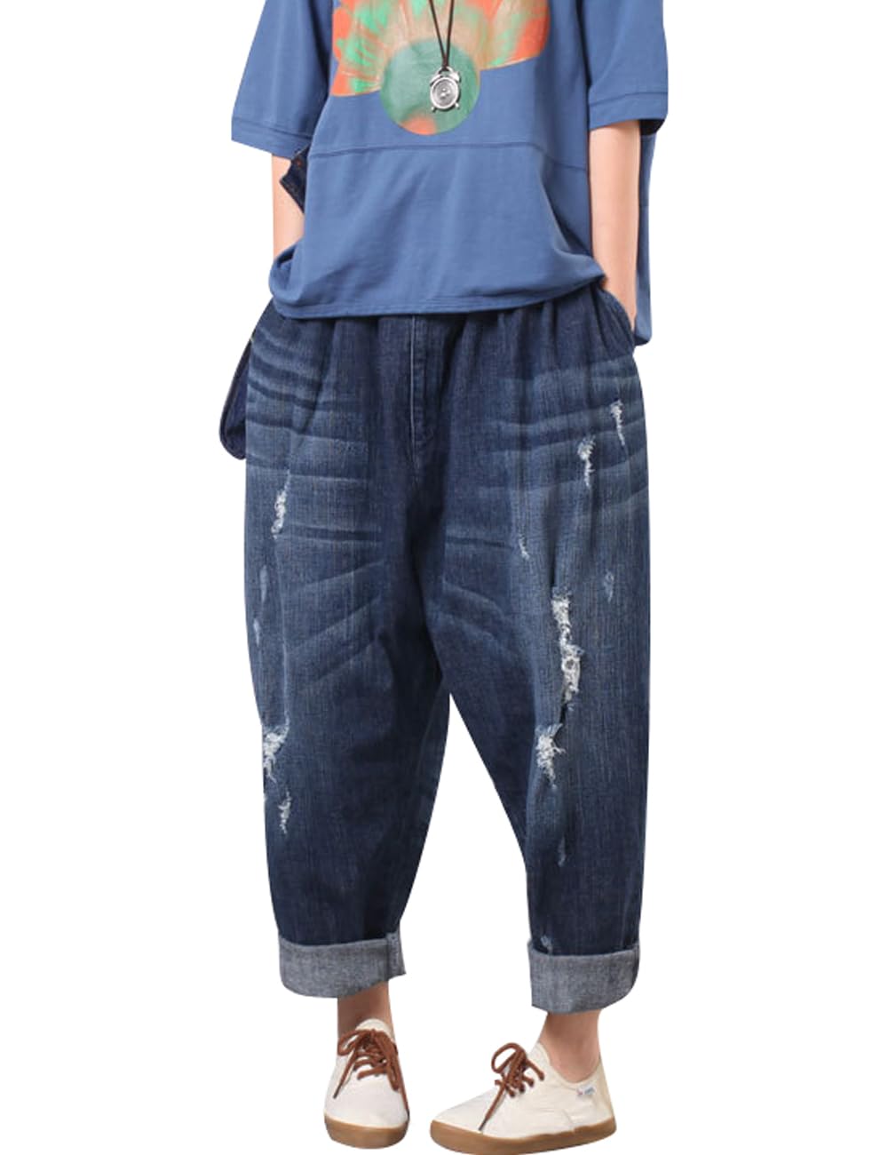 Women's Elastic Waist Wide Leg Harem Trousers Hole Jeans