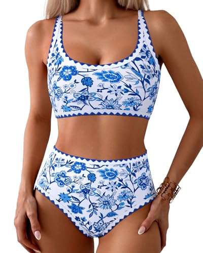 MOOSLOVER Women Boho Floral Whip Stitch Bikini Sets Crop High Waisted 2 Piece Swimsuit Modest Bathing Suit