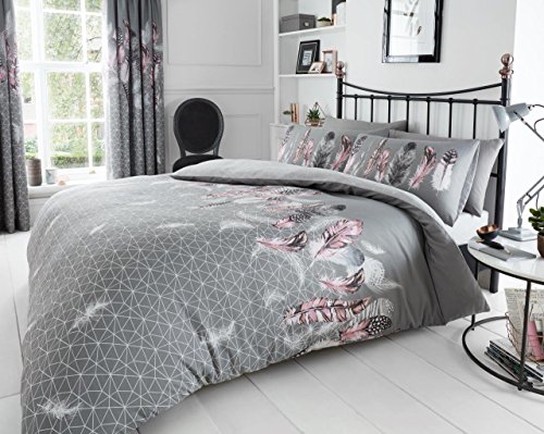 Gaveno Cavailia GC Parure de lit réversible avec Housse de Couette Motif Plumes et Motifs géométriques - Lavable en Machine - Gris
