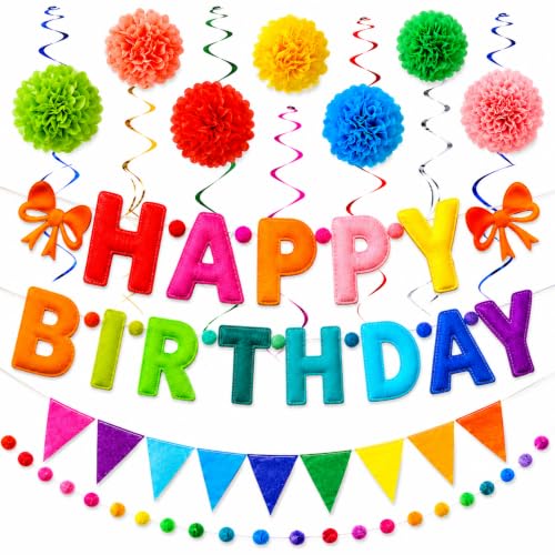 Bannière Happy Birthday arc-en-ciel Gilprop avec guirlande fanions et pompons pour fête
