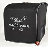Abdeckhaube fürThermomix TM 6, TM 5, Koch macht Pause, Sterne, Dunkelgrau mit silbergrau, Schutzhülle, Baumwolle, Henkel, Utensil-Taschen,