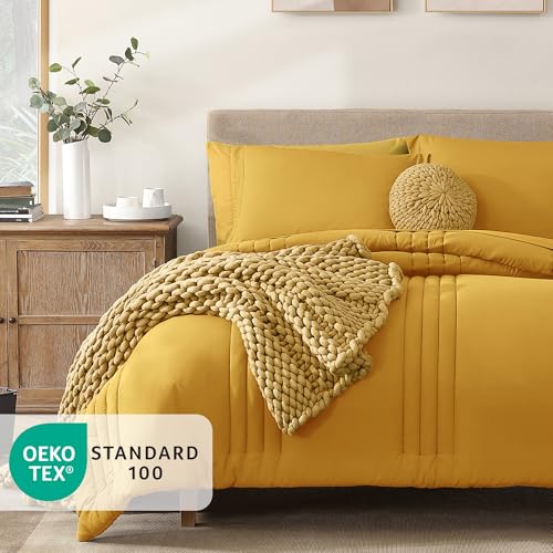 Image of Monbix Queen Comforter Set - 7 Pieces Bright Yellow Bed in a Bag Queen Bedding Sets with Comforters, All Seasons Comforter Bed Set with Sheets,Pillowcases & Shams