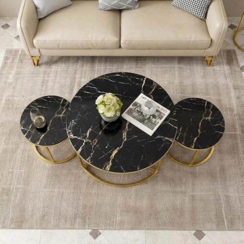 Image of 3 Piece Living Room Set - 1 Center Table and 2 End Nesting Tables, Round Stacking Coffee Side for Small Space, Nightstand Bedside Black and Golden