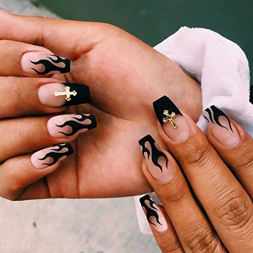 Outyua Cross Fire Press on Nails Coffin Medium Fake Nails Cool Black False Nails Acrylic Full Cover Artificial Nails for Women and Girls 24Pcs