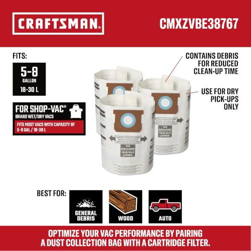 CRAFTSMAN CMXZVBE38767 5-8 Gal. Wet Dry Shop Vacuum Dust Collection Bags | For General Debris, Fits Most 5 to 8 Gallon Shop Vacuums, Collects Dry Only Debris, Reduces Cleanup Time, 3-Pack - image 2