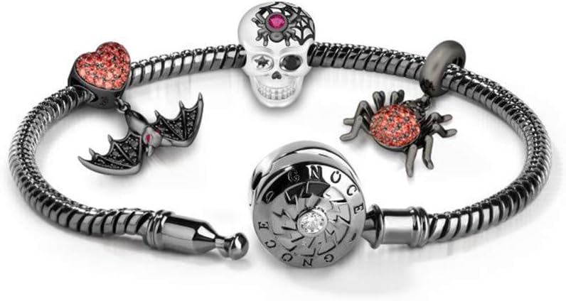 GNOCE Charms Bracelet Sterling Silver Black Plated Snake Chain with Spider Web Skull Charm Pendant Forever Love Basic Charm Bracelet with Clasp Jewelry Gift for Women Mens