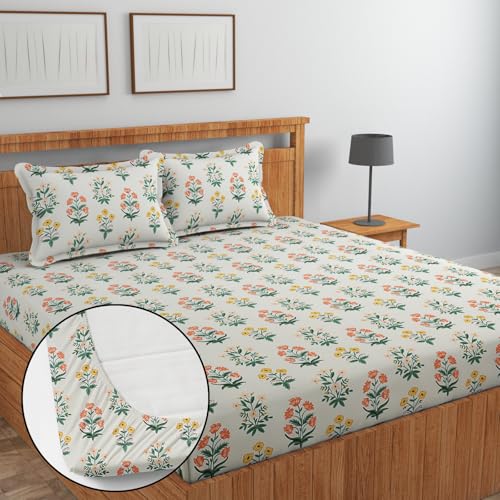 Image of Jashan Premium Cotton 220 TC Elastic Fitted Bedsheets with 2 Pillow Covers | Double /King Bed with All Around Elastic Wrinklefree Supersoft Breathable |Size-78 x72+10 inches | Green & White