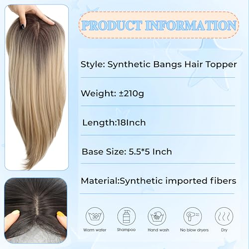 Image of Synthetic Hair Topper with Bangs 18 Inch Layered Toppers for Women with Thinning Hair 5.5 inch x 5 inch hand Tied Forehead Hairline 360 3D Cover Wispy Synthetic Toppers Hair for Women Fiber Wiglets
