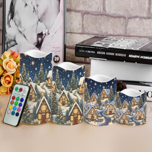 Image of Christmas Flameless Candles Set of 4 | Winter Village, Flameless Candles with Remote Control, Flickering LED Candles with Timer for cozy Christmas