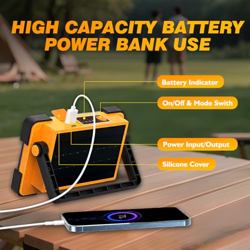 Image of 2 Pack Solar Rechargeable Work Light, 144 LED Led Work Light | Portable Flood Light with Stand, IP66 Waterproof Outdoor Working Light with 4 Modes for Emergency Mechanic Camping Repair