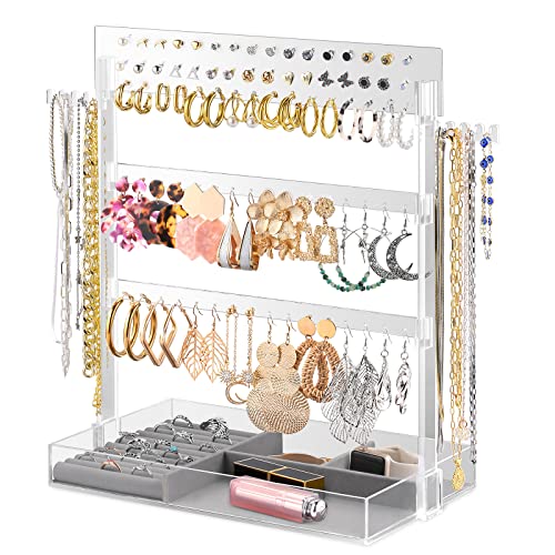 Jewelry Organizer Stand, Funtopia Acrylic Necklace Holder Clear Jewelry Towers for Home Organization, Earrings Display Stand with Tray for Necklaces Rings Watches Storage