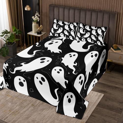 jejeloiu Halloween Theme Bedspread Twin Size Kids Cute Ghost Coverlet Set for Boys Girls Kawaii Cartoon Quilted Coverlet Room Decor