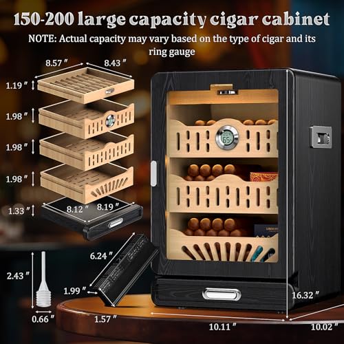 KEJIAR Cigar Humidor, Glass top Tabletop Cigar Humidor Cabinet Draw Pattern Spanish Cedar Tray, Accessories Drawer, 2 Standing Gel Humidifiers,1 Digital Hygrometer, for Men(Black)