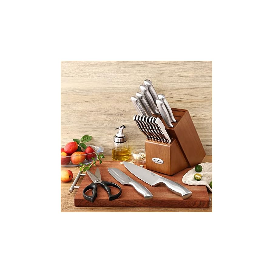 Marco Almond MA22 Knife Sets, 19 Pieces Stainless Steel Hollow Handle Kitchen Knives Block Set