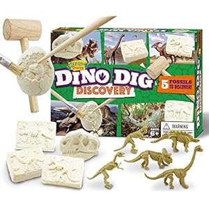Dino Dig Kit – Dino Fossil Dig Kit with 5 Unique Dinosaurs to Discover – Includes Excavation Tools, Toy Fossils, and Dinosaur Excavation Guide – Dinosaur Digging Fossil Kit for Kids