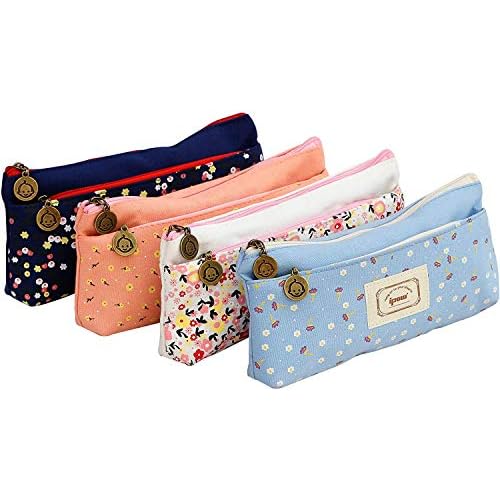 Ipow 4 Stück Federtasche 2-Fach, Vintage Leinwand Pastorale Stil Blume Muster Federmäppchen Stiftemappe stiftemäppchen Griffelmappe klein Kosmetiktasche, dunkelblau, hellblau, weiß & rosa