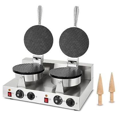 VERTES Waffeleisen doppelt, Hörncheneisen für Eiswaffeln, 48 Stück pro Std., Kegel, regelbar 0-300°C, Timer, teflonbeschichtet, Gusseisen Hörnchenautomat Edelstahlgehäuse, Hörnchen Waffle Maker 2000 W
