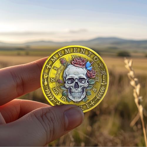 AtSKnSK Memento Mori Münze Memento Vivere Münze Totenkopf Lebensbaum Medaillon Chip Stoische Praxis Stoische Erinnerungsmünze Wander Münze (Antique Silver)