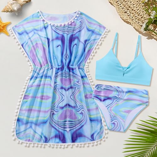 Image of Girls Swimsuit 3 Piece Bikini Set Cute Bathing Suit with Tropical Print Cover Up Girl Swimwear for 8-16 Years