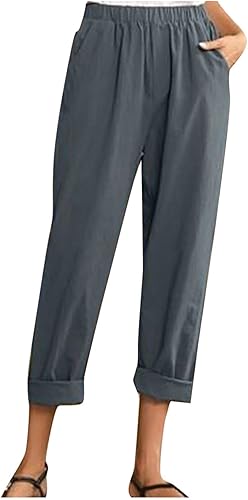 Sharemen Womens Summer Pants Cotton Linen Beach Comfy Trousers Capris with Pockets Print Casual High Waist Elastic Long Pants