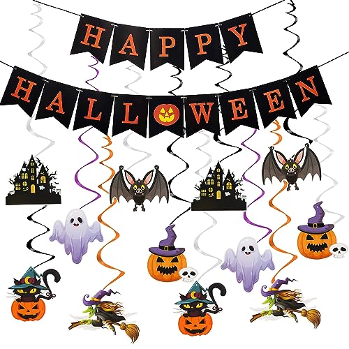 Lucleag 12Pcs Halloween Hanging Swirls Decorations & Banner, Pumpkin Bat