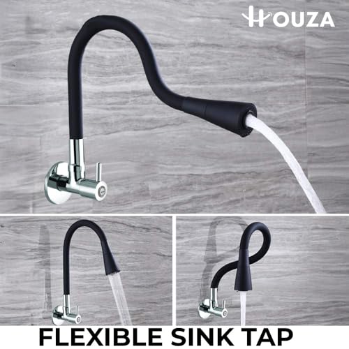 Image of HOUZA Brass Kitchen Sink Tap Faucet with Pull Down Sprayer | Kitchen Tap with 360 Degree Flexible Silicon Swivel Spout | Water Saving Aerated Dual Flow Kitchen Faucet for Sink (Chrome Finish, Black)