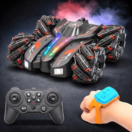 Image of VGRASSP 4WD Rechargeable Dual Control Stunt Drift Car Toy for Kids with Remote Control and Gesture Wrist Controller - 360 Rotating Double-Sided RC Car with Mist Smoke Spray, Lights & Sound - Red