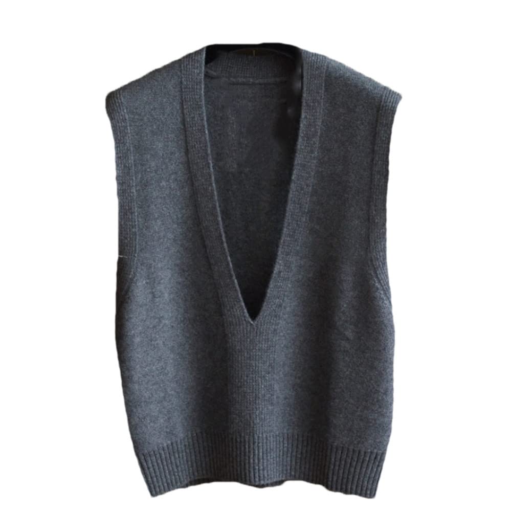 100 Cashmere V-Neck Sweater Vest Ladies Sleeveless Pullover Sweater Solid Color Knitted Vest Gray M
