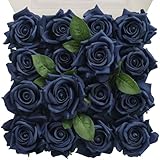 TINGE TIME 16PCS Artificial Flowers Rose Box, Navy Blue Silk Flowers Bulk w/Stem, Fake Rose Real Touch Silk Flowers for DIY Wedding Bouquet Centerpiece Party Home Decorations
