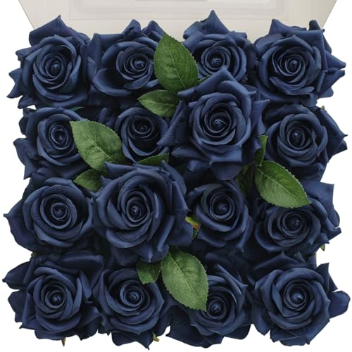 TINGE TIME 16PCS Artificial Flowers Rose Box, Navy Blue Silk Flowers Bulk w/Stem, Fake Rose Real Touch Silk Flowers for DIY Wedding Bouquet Centerpiece Party Home Decorations