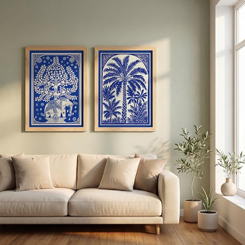 Image of Suneree Blue White Elephant Tree of Life Wall Art Painting | Set of 2 Framed Paintings | Indian Folk Art Decor for Living Room Bedroom Home Office | (ART 10, 10x13 INCHES)