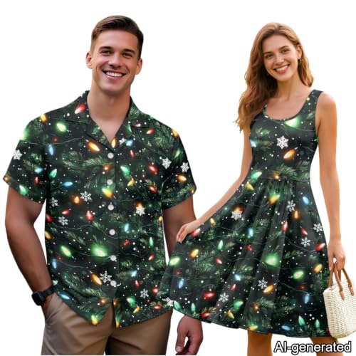 Image of Dreaweet Summer Dresses for Women A-Line Sleeveless Flowy Sun Dresses,Men's Casual Button-Down Shirts,Couple Matching Outfits