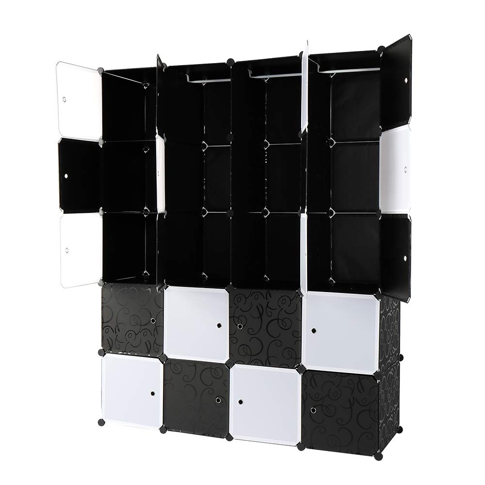 Armoire Penderie Modulable, 20 Cubes, Armoire Chambre, Étagère de Rangement avec Portes, pour Le Stockage de vêtements, Jouets, etc.. (Porte Noire et Blanche, 140 x 45 x 175 cm)