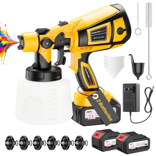 Cordless Paint Sprayer with 650W Powerful Copper Motor, Sprayer Paint Gun with 6 Brass Nozzles, 2...