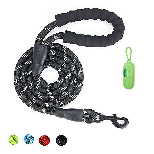 5 FT Strong Dog Leash with Comfortable Padded Handle, Highly Reflective Threads Dog Leashes and 1 Roll Poop Bag for Medium and Large Dogs (Black)